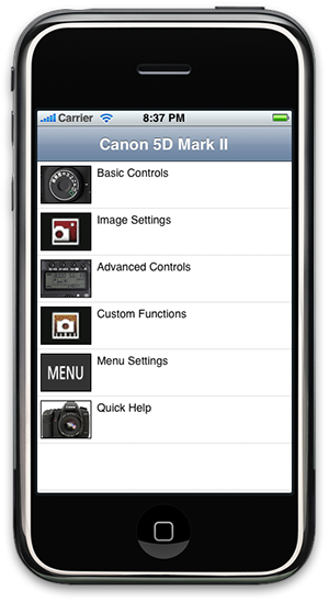 Skärmdump från iPhone-appen Handi för Canon 5dmk2