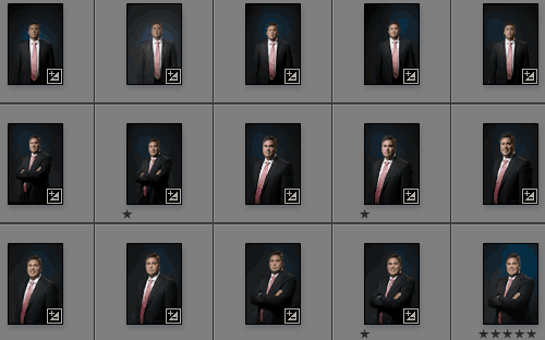 Översikt i Lightroom med tumnaglar och information om justeringar och betyg med stjärnor