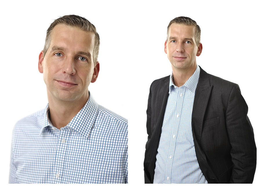 Portr&auml;ttfotografering av klassiskt business-portr&auml;tt mot vit bakgrund i fotostudio f&ouml;r fastighetsm&auml;klare