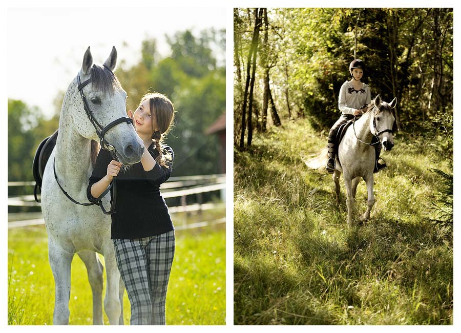Bokomslag för Pia Hagmar samt reportagebild av häst med ryttare i skog
