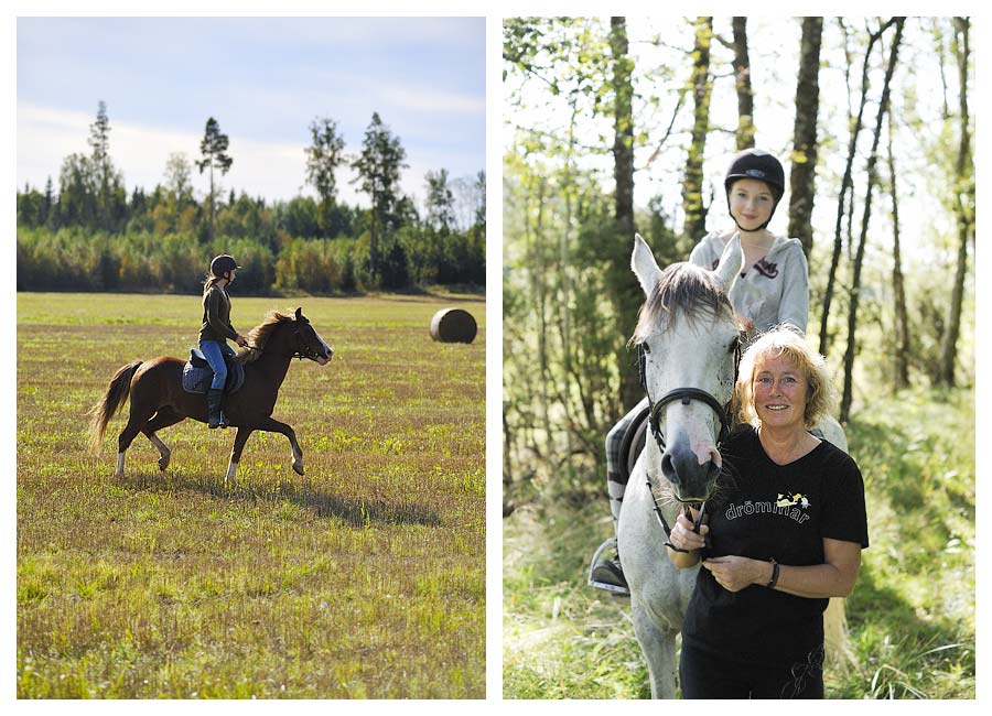 Hästboksförfattaren Pia Hagmar med häst och tjej i skog samt ryttare på fält